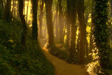 Obraz premium Sunlight filtering through a sun-drenched woodland path.