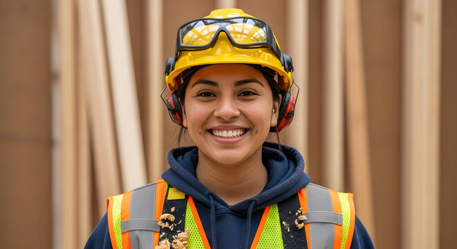 A smiling female construction worker wearing safety gear stands in front of lumber.