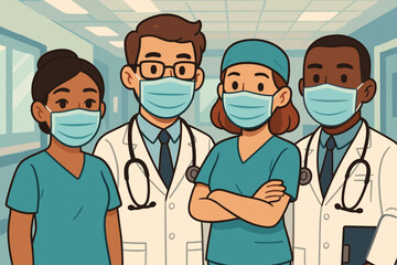 Group of doctors and nurses wearing protective face masks in a hospital. Diverse medical team concept. Frontline healthcare workers during a pandemic. Cartoon vector illustration.