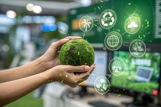 World environment day, Responsibility for a green planet, Sustainable growth, and global conservation.Businessman holding green world, Sustainable development goals and corporate social responsibility