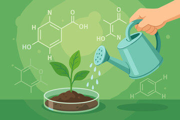 Watering Young Plant in Laboratory Petri Dish, Biochemistry Molecular Structure, Botanical Science Experiment, Growth, Genetics, Green Background, Modern Flat Vector Illustration Concept