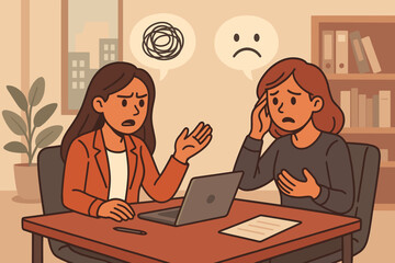 Office counseling session illustration. Female therapist and client discussing mental health, stress, depression, anxiety. Supportive conversation, emotional expression, workplace therapy concept