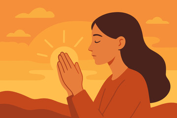 Woman Praying Hands in Sunset Landscape. Spiritual Blessing, Faith, Hope, Meditation, Religion Concept. Modern Flat Vector Illustration. Peaceful Evening Worship, Mindfulness, Tranquility, Nature