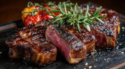 Juicy medium-rare ribeye steak, perfectly grilled. A celebration of rich flavors and culinary mastery.
