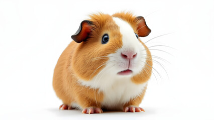 Cute brown and white guinea pig with shiny eyes and soft fur sitting on white background, showing curious and gentle expression