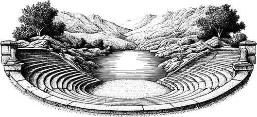Ancient greek theatre with stone seats and scenic landscape