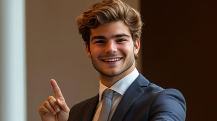 Happy young business man giving a presentation in a meeting room, pointing at a chart with confidence, professional setting