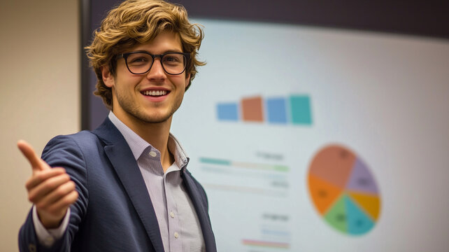 Happy young business man giving a presentation in a meeting room, pointing at a chart with confidence, professional setting