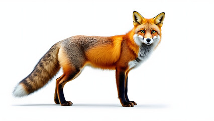 Fototapeta premium Realistic photograph of full body red fox standing on white background with bright orange fur and bushy tail