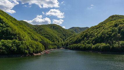 View of Tarnita Lake with surrounding hills and forest in Romania