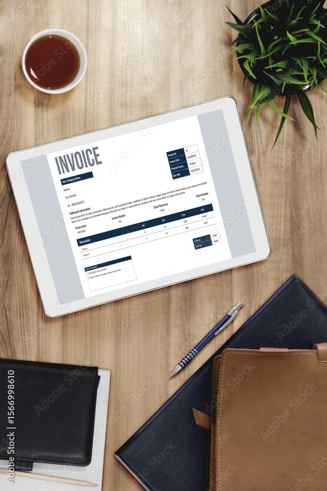 Aufkleber invoice on computer screen from accounting application. computer program for financial and budget of