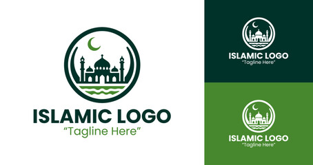 Islamic Logo with Green Crescent and Mosque for Event and Brand Identity
