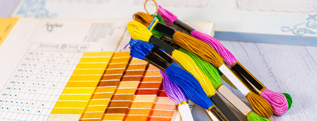 Palette of thread colors. Threads for embroidery knitting