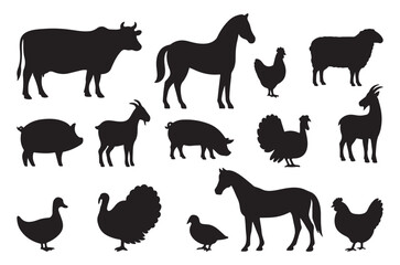 Farm Animal Silhouettes Vector Set – Cow, Horse, Pig, Chicken, Goat, Turkey, Duck for Design
