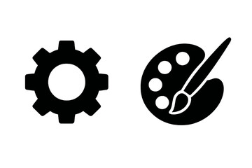 2 black and white study icons. Engineering gear and art palette. Clean, minimal symbols for education, design, creativity.