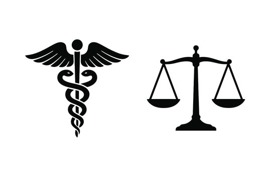 Vector set with 2 black study icons: medical caduceus and legal balance. Ideal for education, profession, knowledge designs.