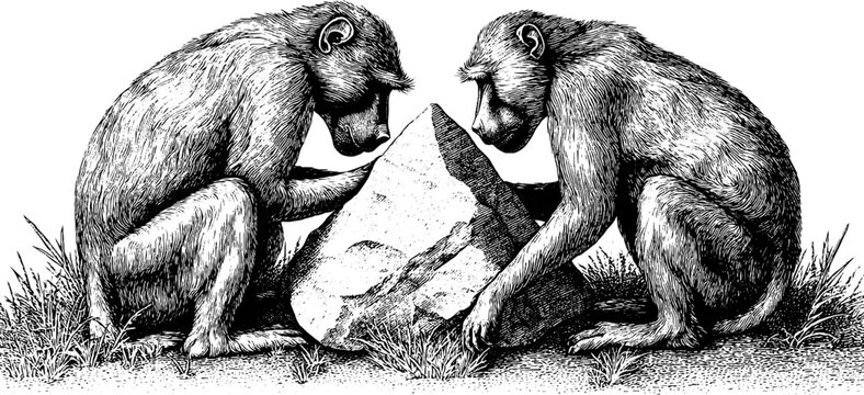 Vintage baboons grooming by boulder in open grassland silhouette design