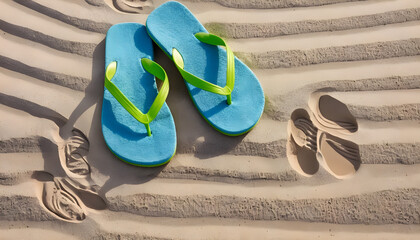 Flip-Flops and Towel on Sandy Beach with Footprints &ndash; Summer Vacation Concept
