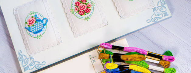 Threads for embroidery. Embroidered picture. Set for beading.