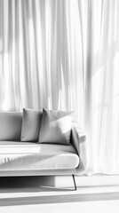 Minimalist living space with modern white sofa. Bright natural sunlight filters through sheer curtains.