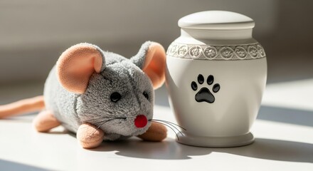 Pet memorial with a toy mouse and an urn for ashes. Remembrance for a pet who has passed away. Pet funeral concept.