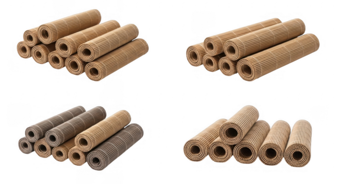 Stylish and Sustainable Set of Rolled Bamboo Mats Ideal for Eco-friendly Home Decor and Garden Enhancement, isolated on a transparent background