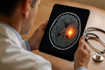Medical Examination: Doctor Examining a Brain Scan on a Tablet. A close-up shot of a doctor reviewing a medical scan displayed on a tablet. The scene conveys professionalism, diagnostic expertise.