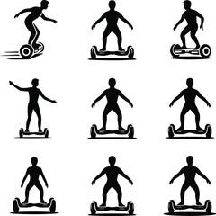 Person on Hoverboard Icons – Black Silhouette Vector Pack Hoverboard Rider Silhouette Set – Modern Transport Icon Collection