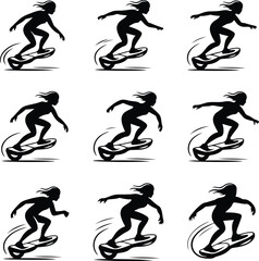 Person on Hoverboard Icons – Black Silhouette Vector Pack Hoverboard Rider Silhouette Set – Modern Transport Icon Collection
