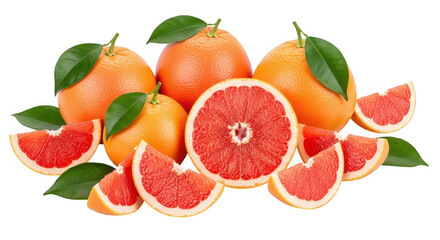 Fresh Grapefruits Beautifully Arranged with Colorful Slices and Green Leaves, Emphasizing Nutritious Food Options and Vibrant Aesthetics, isolated on a transparent background