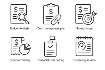 Financial management icons: budget, debt, savings, expense, goals, counseling