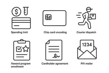 Financial icons set with card, courier, and documents