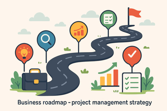 Business roadmap concept for project management strategy. Winding path with milestones as a timeline infographic. Journey to success illustration with icons for planning, goals, and growth.