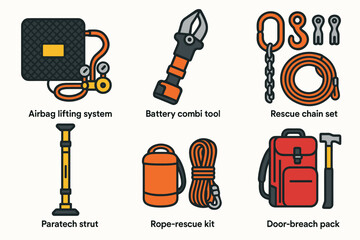 Emergency rescue tools set with airbag system, battery tool, rescue chain, paratech strut, rope kit, and door-breach pack