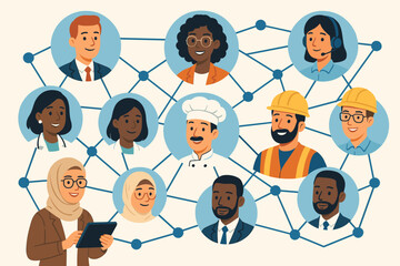 Diverse professional network concept. Team collaboration and communication. Multiethnic group of people connected online. Inclusivity, teamwork and professional community vector.