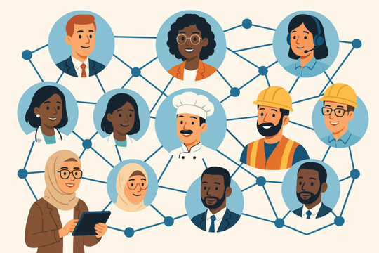 Diverse professional network concept. Team collaboration and communication. Multiethnic group of people connected online. Inclusivity, teamwork and professional community vector.