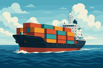 Large cargo container ship transporting freight on the ocean. Vector cartoon illustration for global trade, maritime shipping, import, export, delivery, and logistics business.