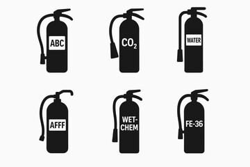 Various types of fire extinguishers: abc, co2, water, afff, wet-chem, fe-36