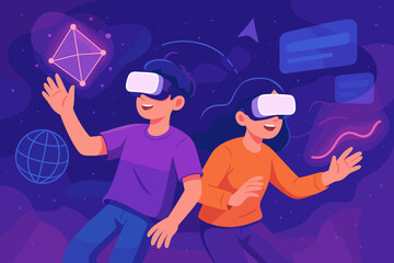 Teenagers Experiencing Metaverse Virtual World with VR Headsets, Immersive Augmented Reality Gaming, 3D Visualization, Simulation, Futuristic Technology, Digital Interaction, Online Entertainment