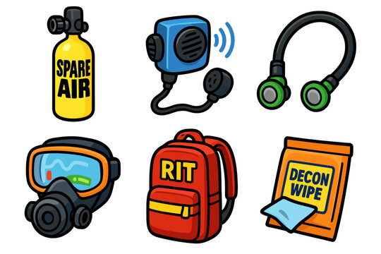 Diving equipment icons: spare air, radio, respirator, decon wipe
