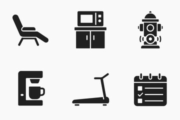 Minimalist icons: chair, microwave, fire hydrant, coffee maker, treadmill, calendar