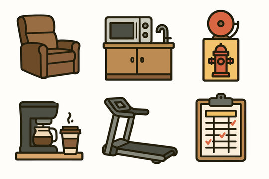 Household and office items icons set with armchair, kitchen, fire safety, coffee maker, treadmill, and checklist