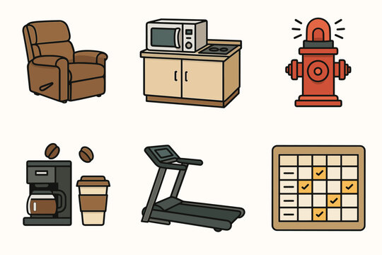 Recliner, microwave, fire hydrant, coffee maker, treadmill, calendar icons