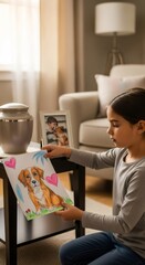 Woman holding child drawing of beloved dog near pet urn and picture. Remembering and grieving animal companion, celebrating life concept.