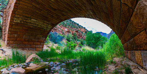 Framed View of Pine Creek Bridge on The Zion-Mt. Carmel Highway, Zion National Park, Utah, USA