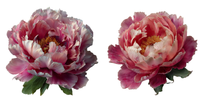Set of a fully bloomed pink peony flower isolated on transparent or white background