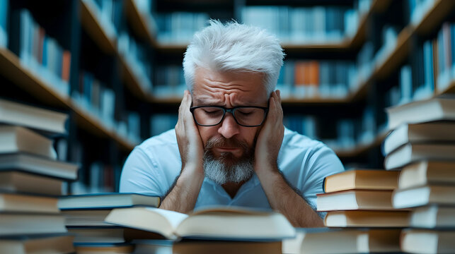 A dejected student sitting by a bookcase, experiencing exam anxiety and a lack of academic drive