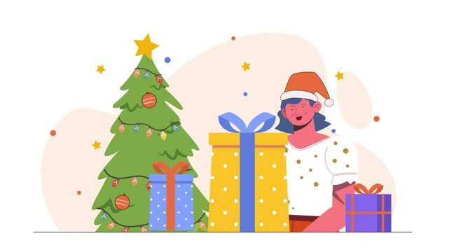 Young Girl Holding a Gift Box Near a Christmas Tree, 2D Animation for Holiday Celebration, Winter Festivity, and Family Joy in 4K Resolution