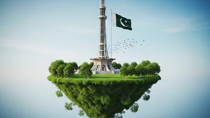 Pakistan Minar-e-Pakistan on Floating Island with Flag  Independence Day Concept