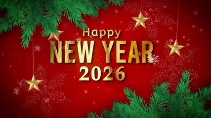 Happy New Year 2026 Animation with Gold Stars and Fir Branches on Red Background, Festive Holiday Greeting, Celebration Design, Seasonal Decoration, and Winter Joy in 4K

 - Powered by Adobe